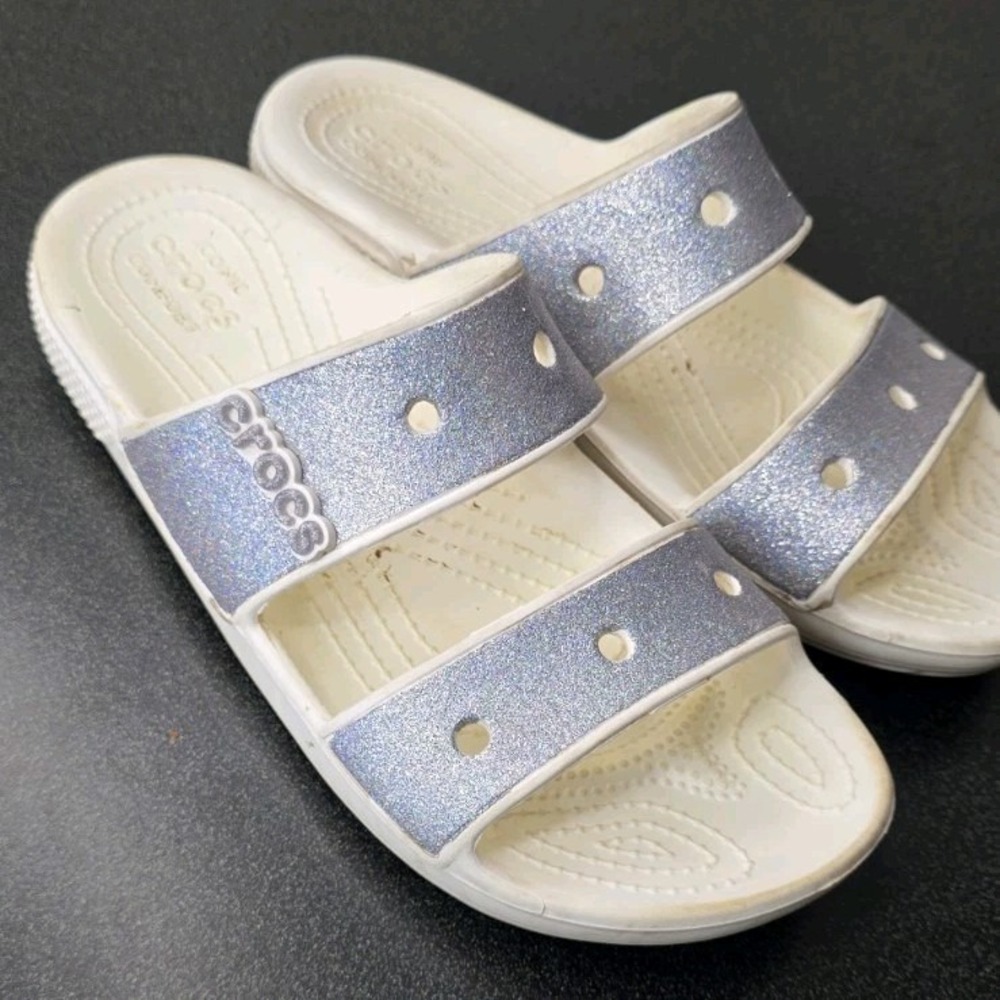 Crocs Classic Glitter Sandals Slides Slip On White Silver Comfort Shoes Woman 9